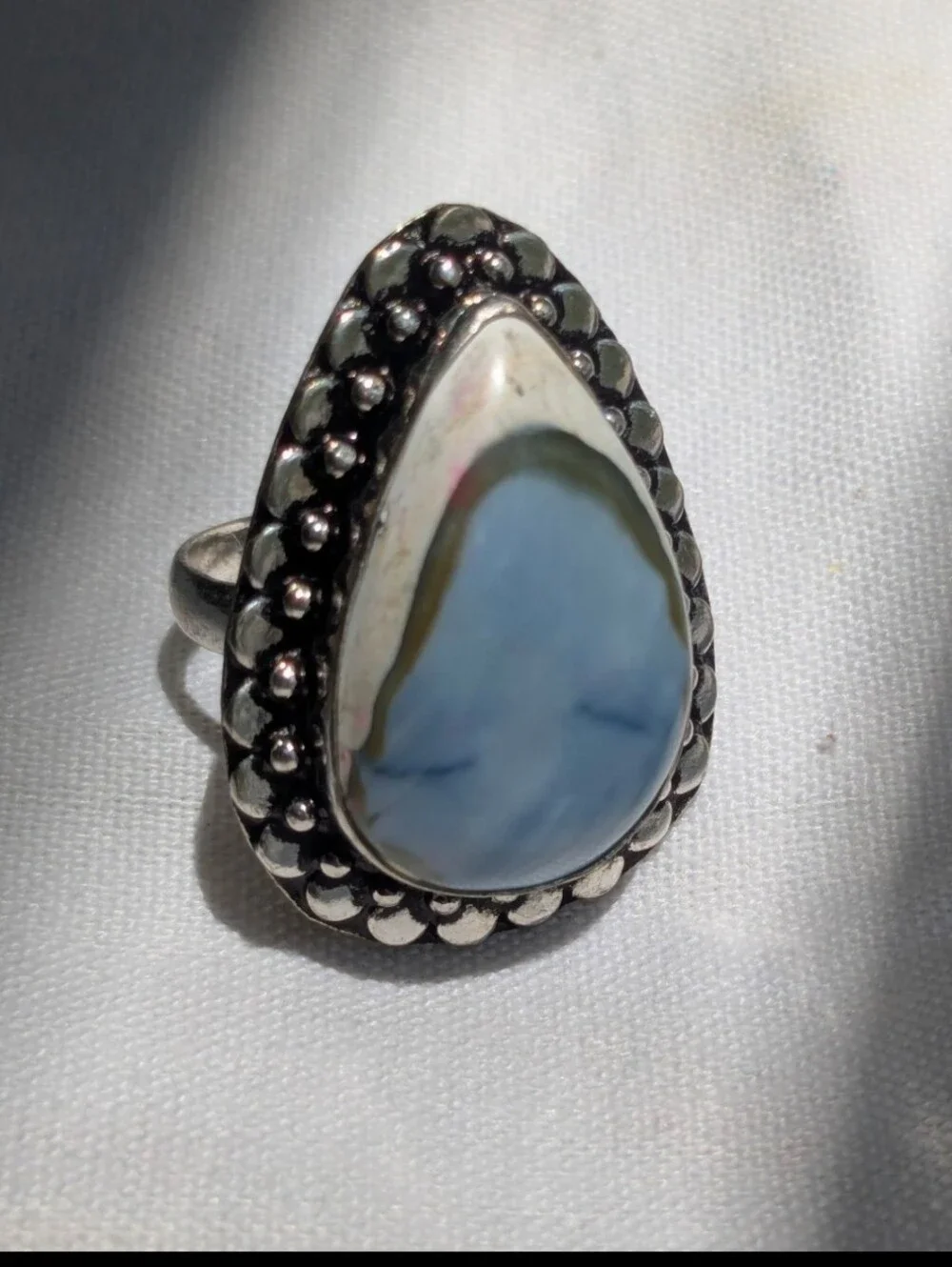 Rare Handcrafted Eye of Owyhee Opal Teardrop Ring (Size 7.25)